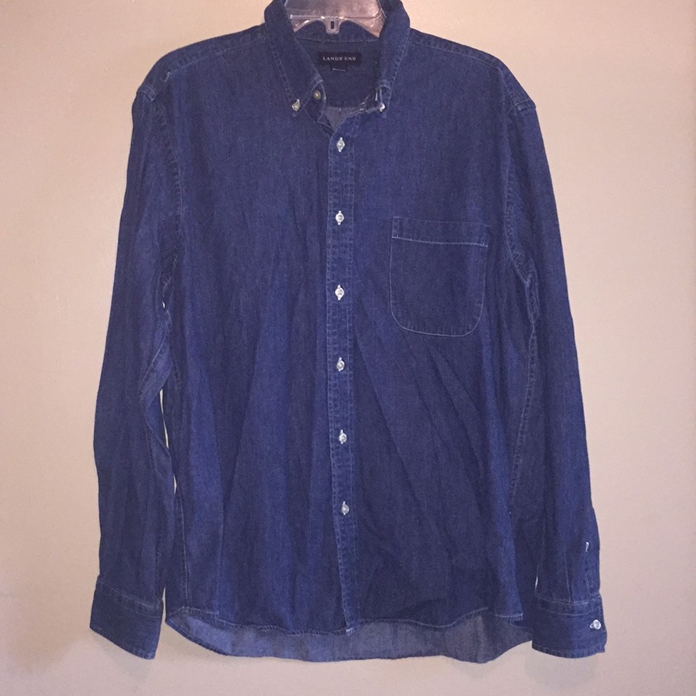 LANDS’ END Blue Jean Button Down Shirt Size L